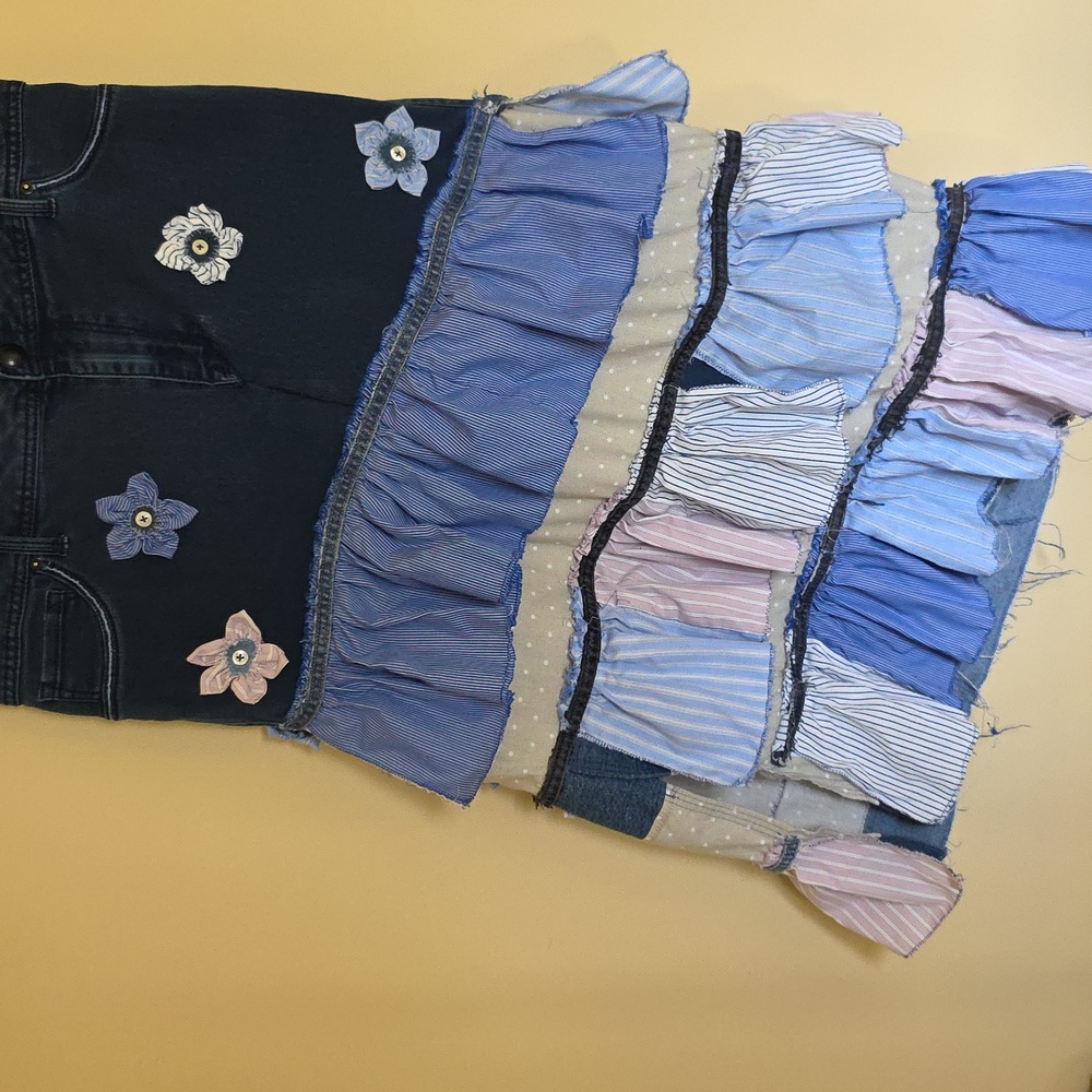 Ucycled Asymetrical Tiered Jean Midi Skirt From Jeans And Mens Shirts - Picture 3 of 12
